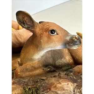 Unique fawn resting in field dear antler behind resin figurine Vintage Rare